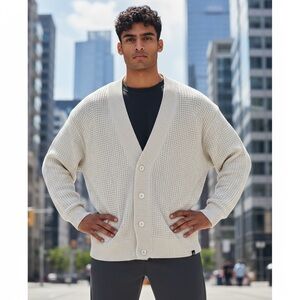 CARDIGAN Sweater AXIS Cotton button-up Fisherman Weave Ivory Sz M